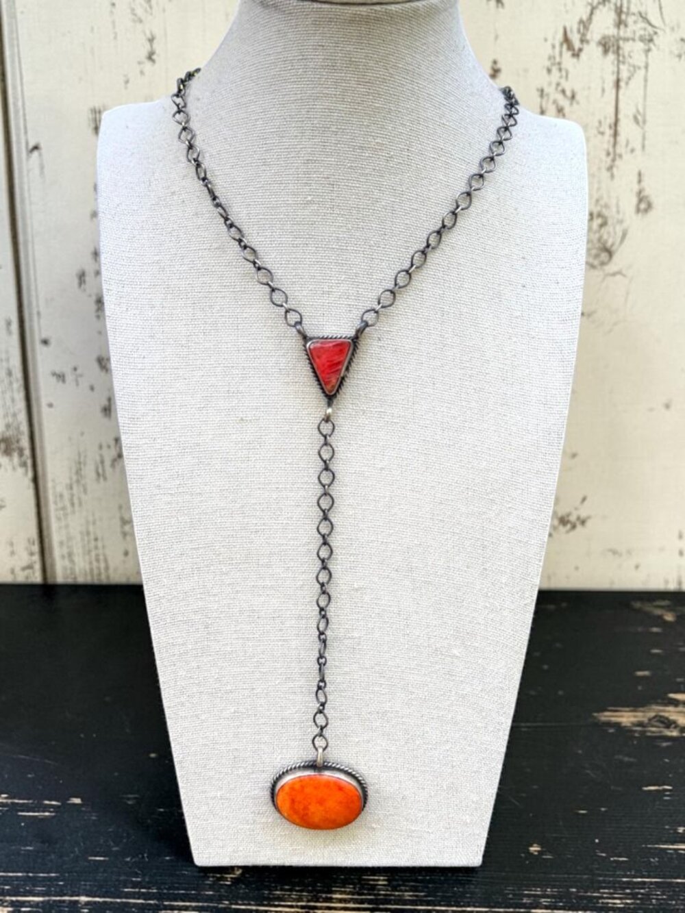 XL Red & Orange Spiny Lariat Necklace- Sheila Bencini